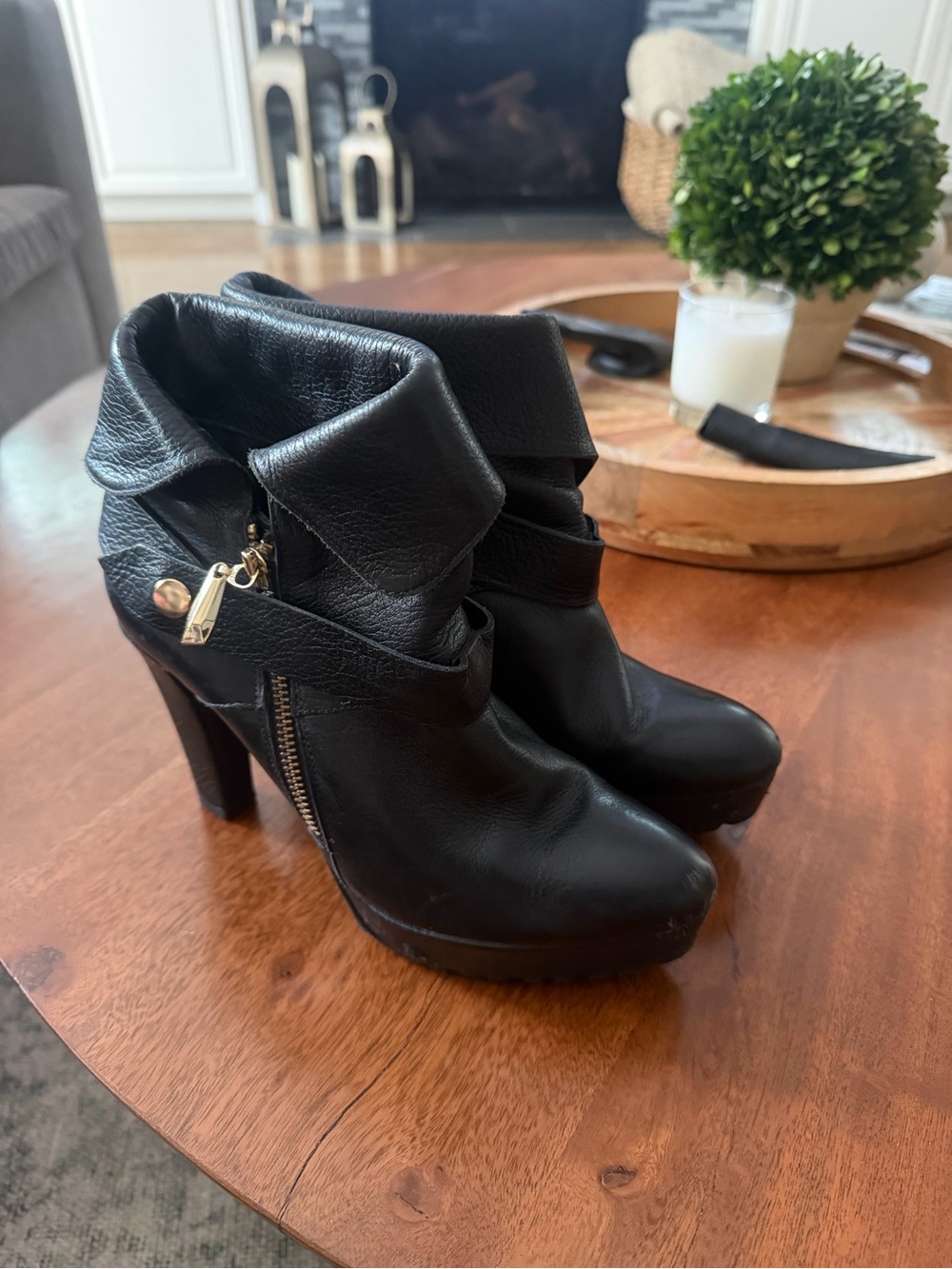 Diane Von Furstenberg Black Fold-Over Leather Ankle Boots with Gold Hardware